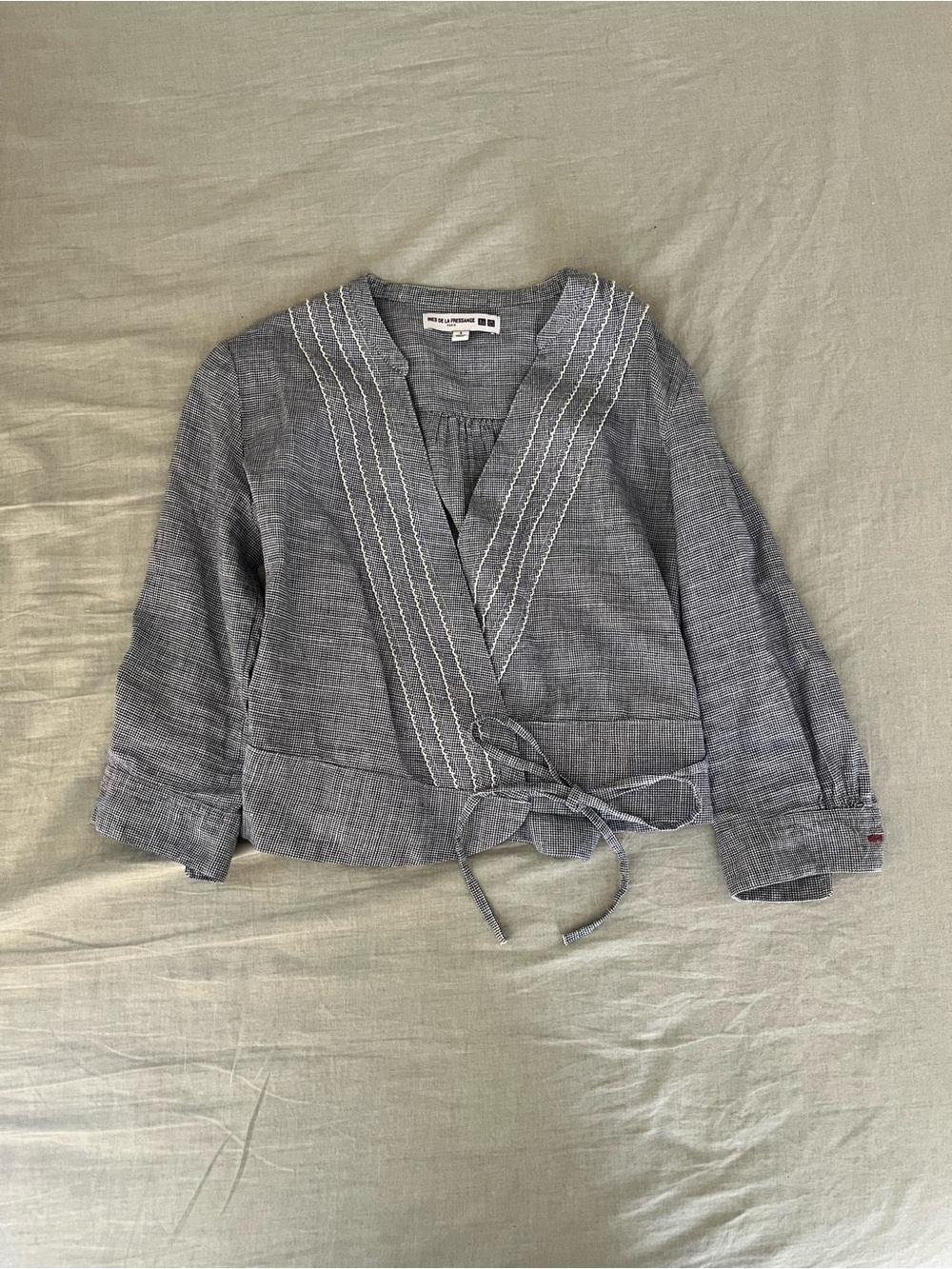 Ines De La Fressange x Uniqlo Blue and White Micro-Check Wrap Top